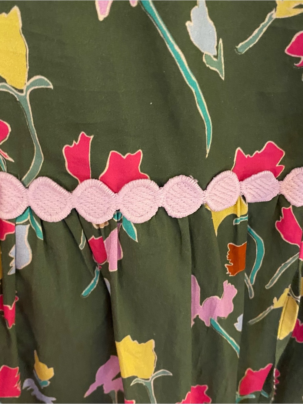 CROSBY by Mollie Burch Olive Floral Ruffle Dress with Pink Scallop Trim - Picture 6 of 8